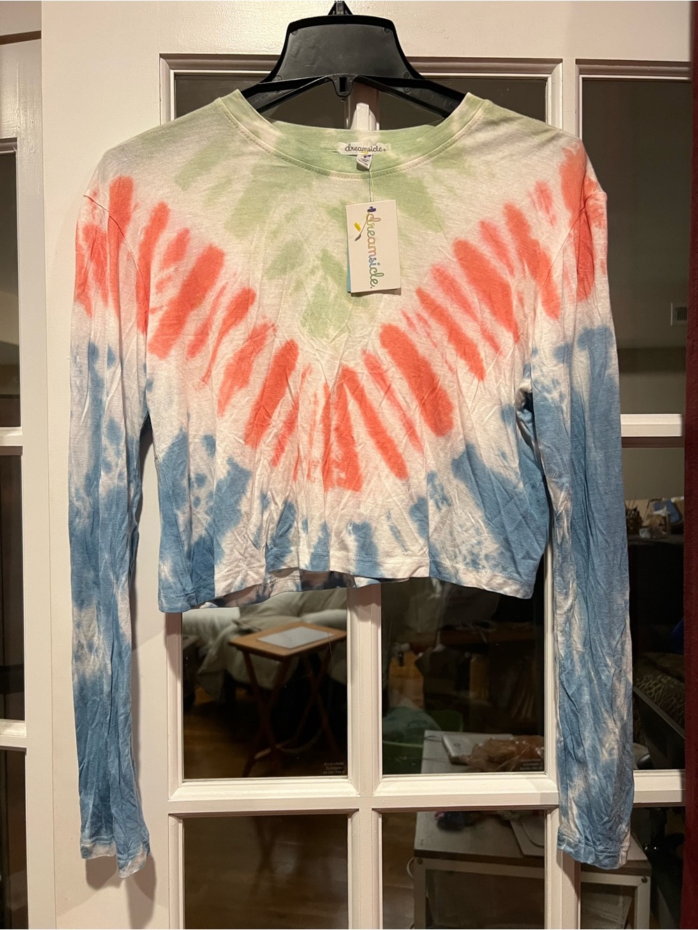 Tie-Dye V-Stripe Long Sleeve Crop Top in Coral, Sky Blue & Mint